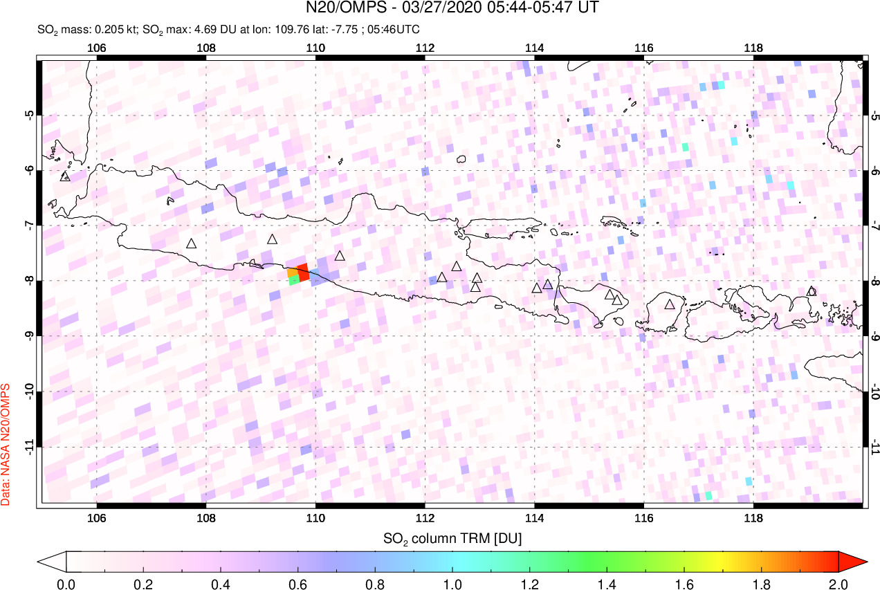 A sulfur dioxide image over Java, Indonesia on Mar 27, 2020.