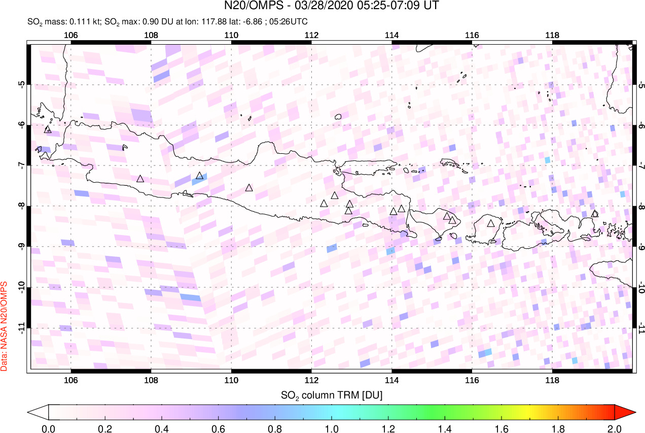A sulfur dioxide image over Java, Indonesia on Mar 28, 2020.