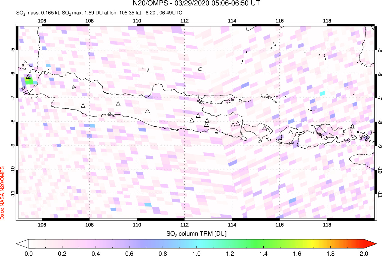 A sulfur dioxide image over Java, Indonesia on Mar 29, 2020.
