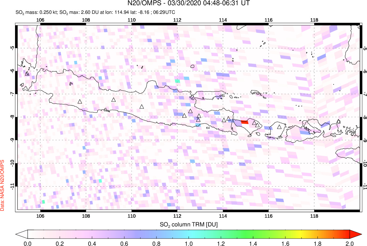 A sulfur dioxide image over Java, Indonesia on Mar 30, 2020.