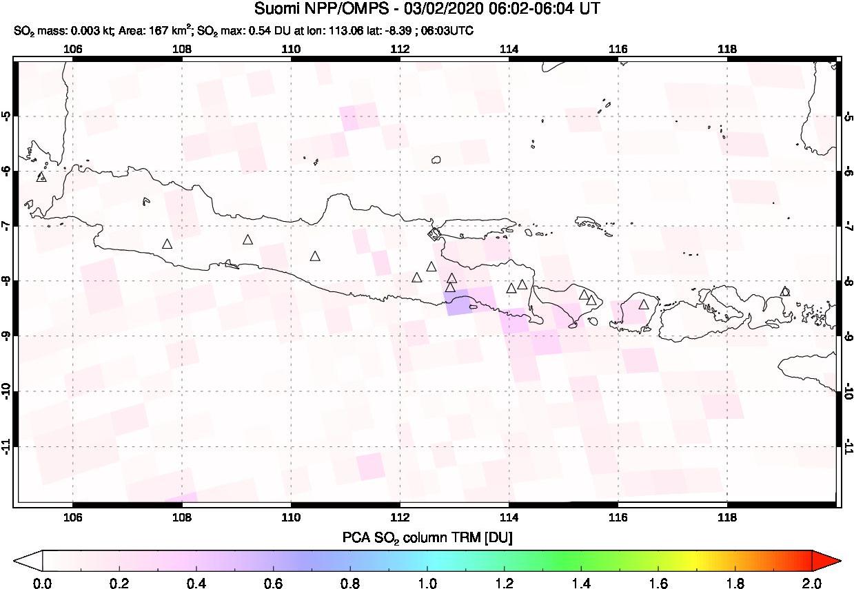 A sulfur dioxide image over Java, Indonesia on Mar 02, 2020.