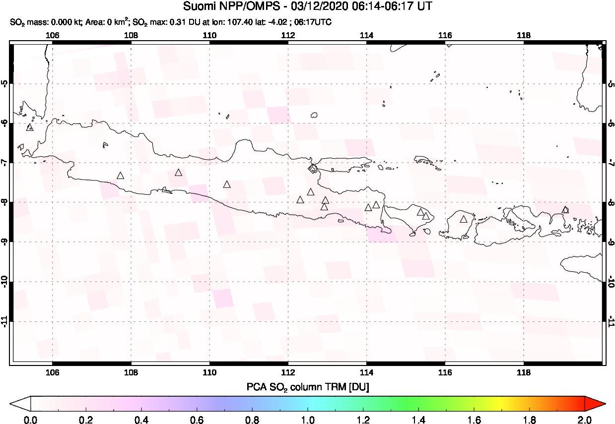 A sulfur dioxide image over Java, Indonesia on Mar 12, 2020.
