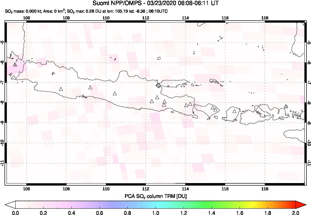 A sulfur dioxide image over Java, Indonesia on Mar 23, 2020.