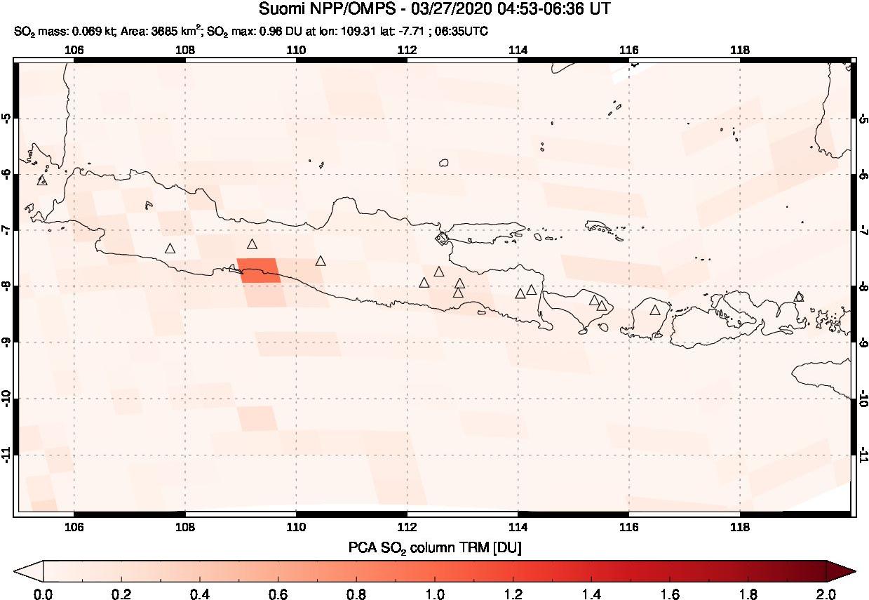 A sulfur dioxide image over Java, Indonesia on Mar 27, 2020.