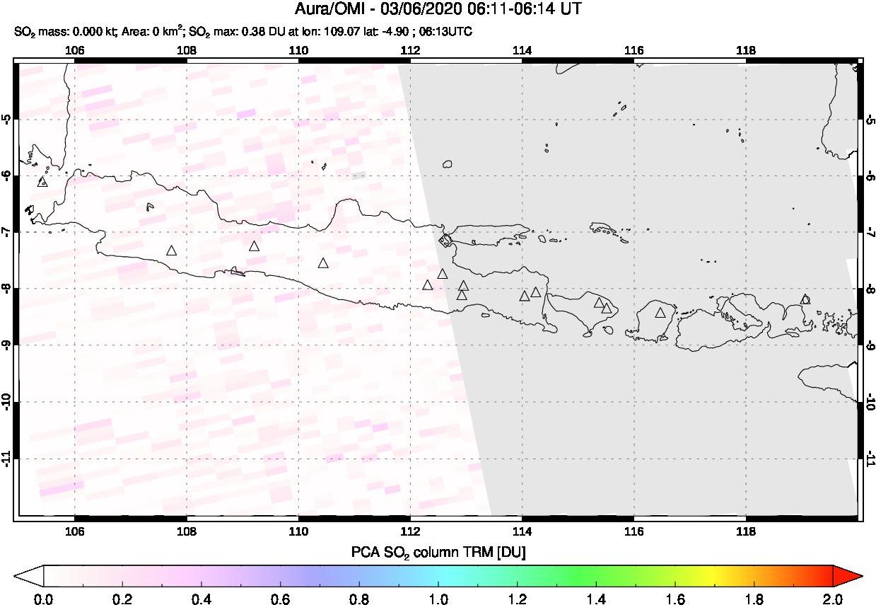 A sulfur dioxide image over Java, Indonesia on Mar 06, 2020.