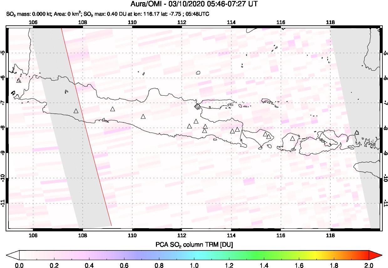 A sulfur dioxide image over Java, Indonesia on Mar 10, 2020.