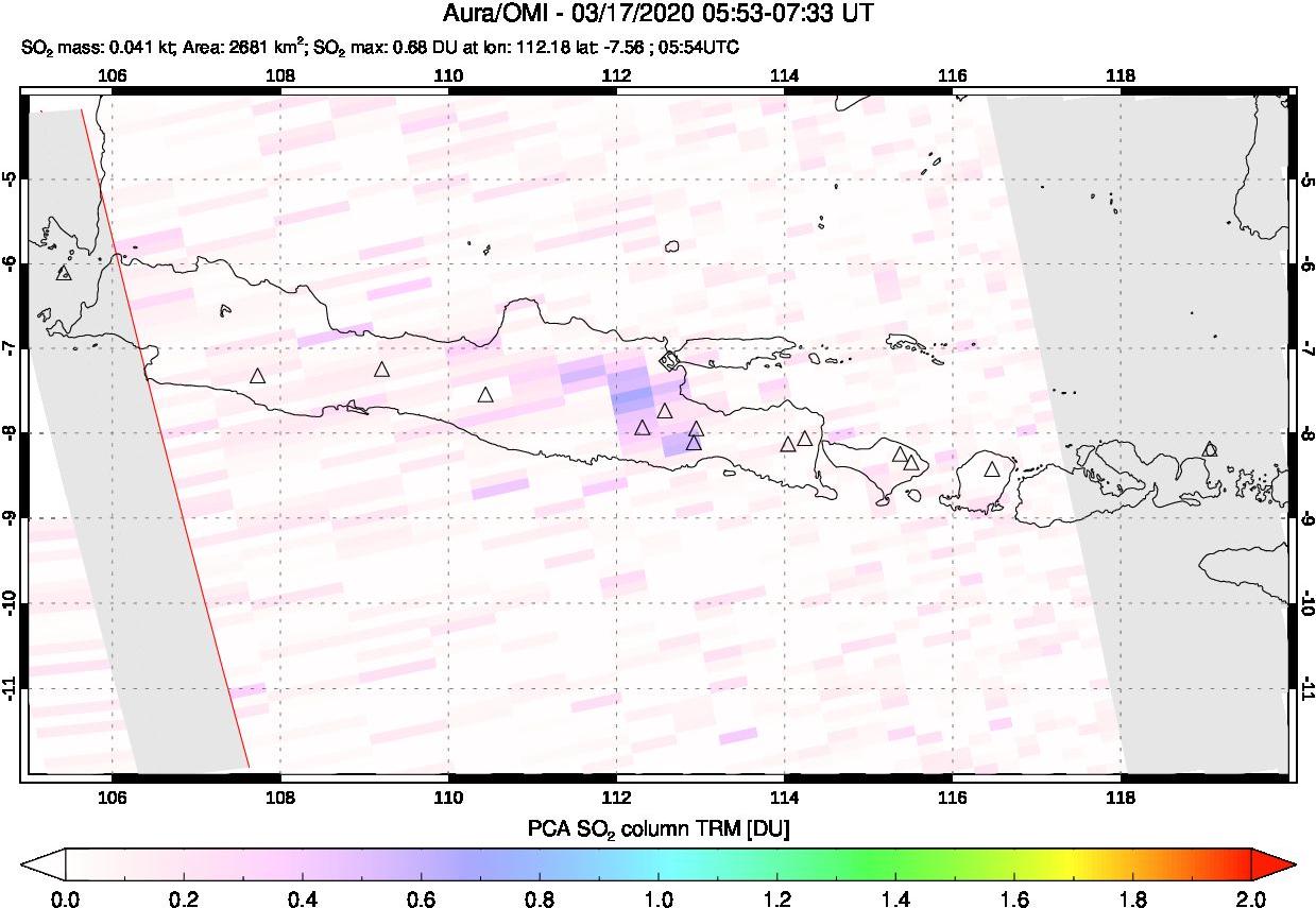 A sulfur dioxide image over Java, Indonesia on Mar 17, 2020.