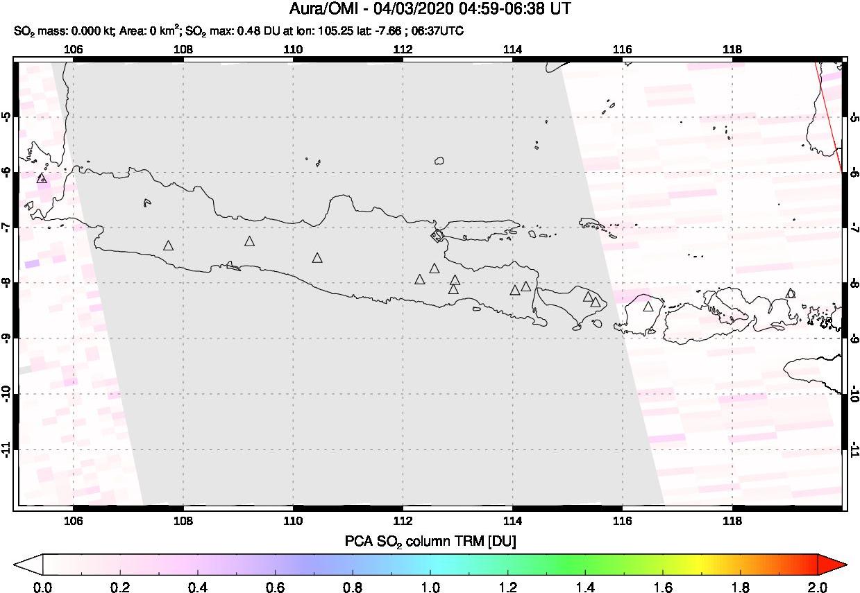 A sulfur dioxide image over Java, Indonesia on Apr 03, 2020.