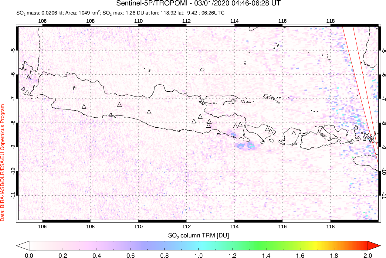A sulfur dioxide image over Java, Indonesia on Mar 01, 2020.