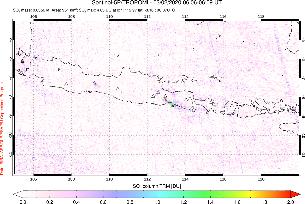 A sulfur dioxide image over Java, Indonesia on Mar 02, 2020.