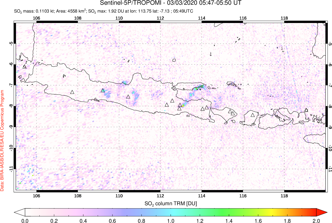 A sulfur dioxide image over Java, Indonesia on Mar 03, 2020.