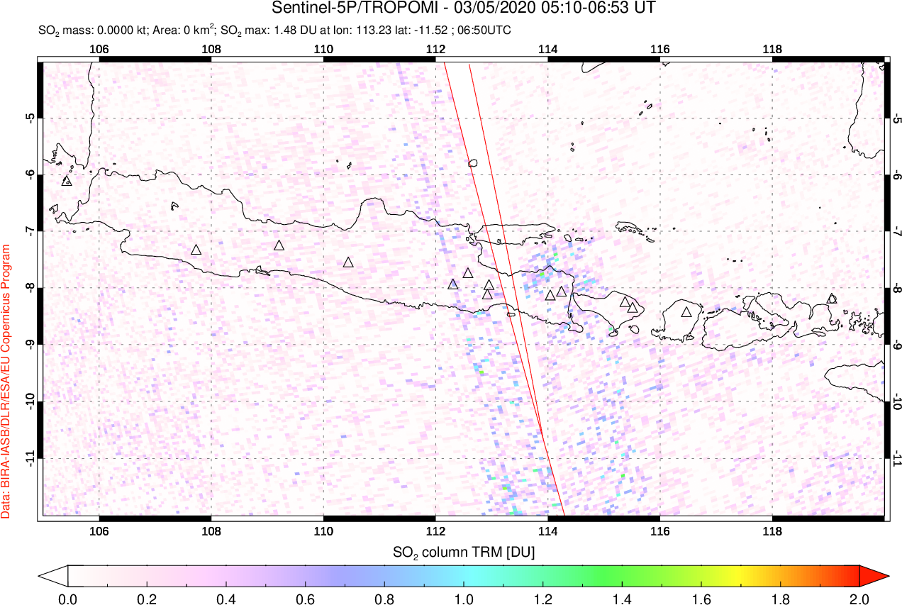 A sulfur dioxide image over Java, Indonesia on Mar 05, 2020.