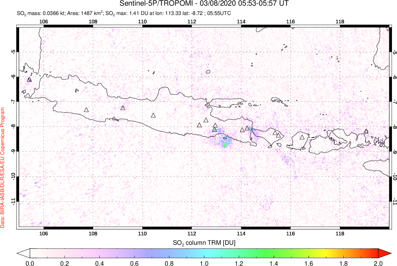 A sulfur dioxide image over Java, Indonesia on Mar 08, 2020.