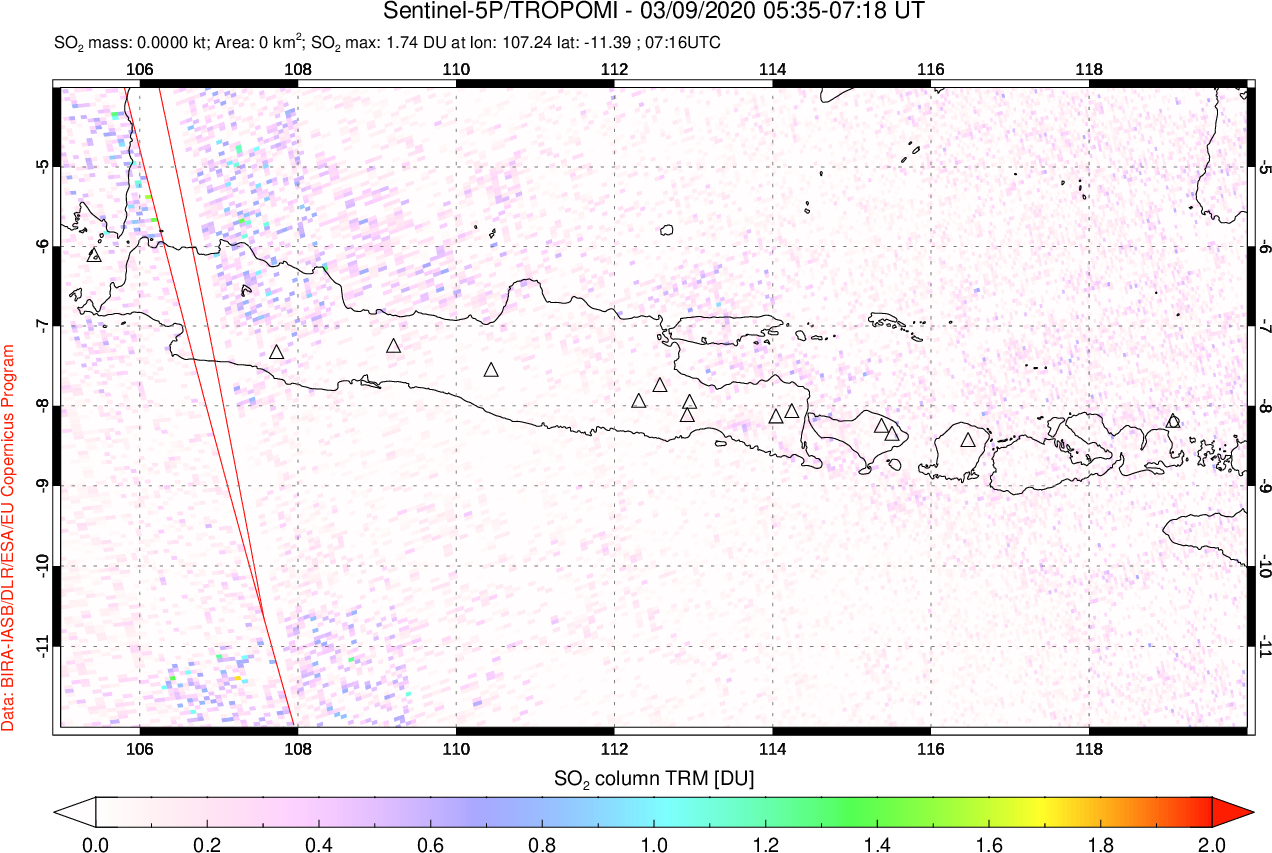 A sulfur dioxide image over Java, Indonesia on Mar 09, 2020.