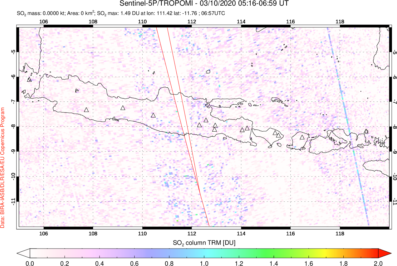 A sulfur dioxide image over Java, Indonesia on Mar 10, 2020.