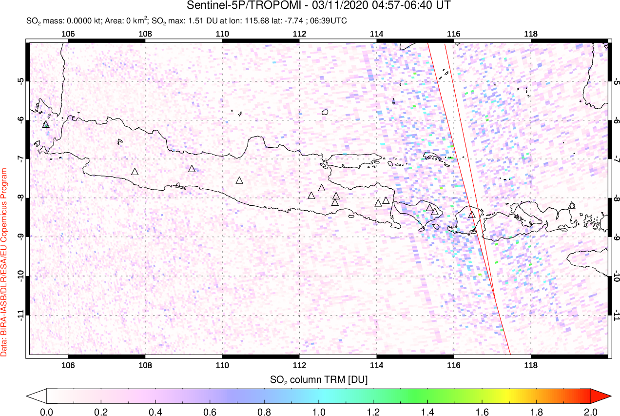 A sulfur dioxide image over Java, Indonesia on Mar 11, 2020.