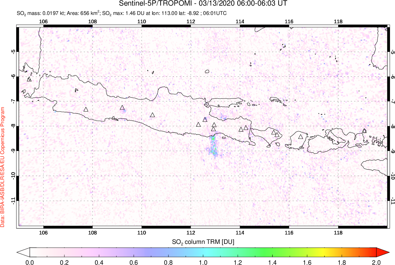 A sulfur dioxide image over Java, Indonesia on Mar 13, 2020.