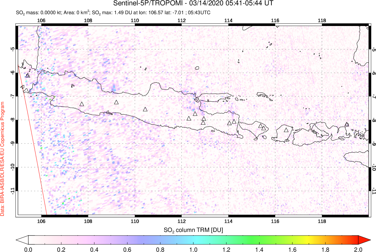 A sulfur dioxide image over Java, Indonesia on Mar 14, 2020.