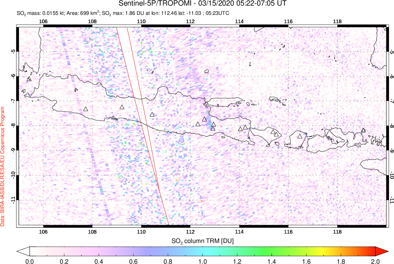 A sulfur dioxide image over Java, Indonesia on Mar 15, 2020.