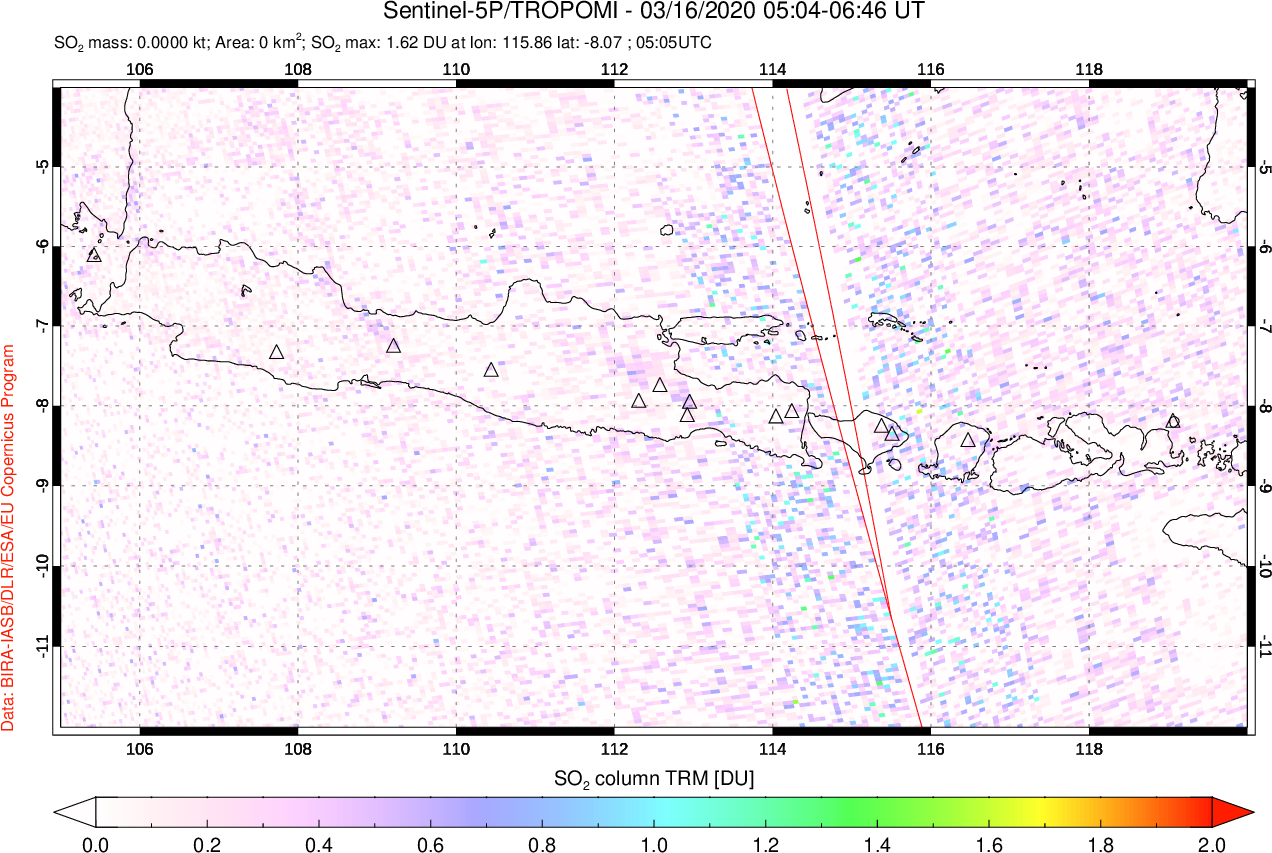 A sulfur dioxide image over Java, Indonesia on Mar 16, 2020.