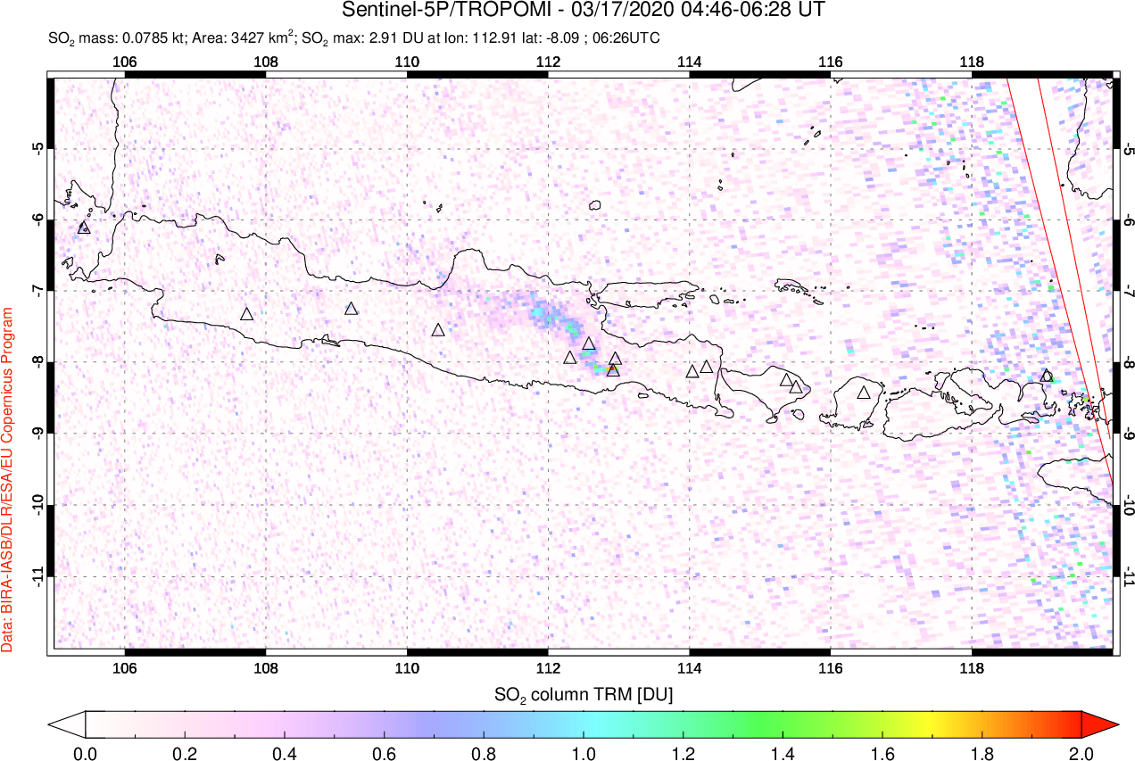A sulfur dioxide image over Java, Indonesia on Mar 17, 2020.