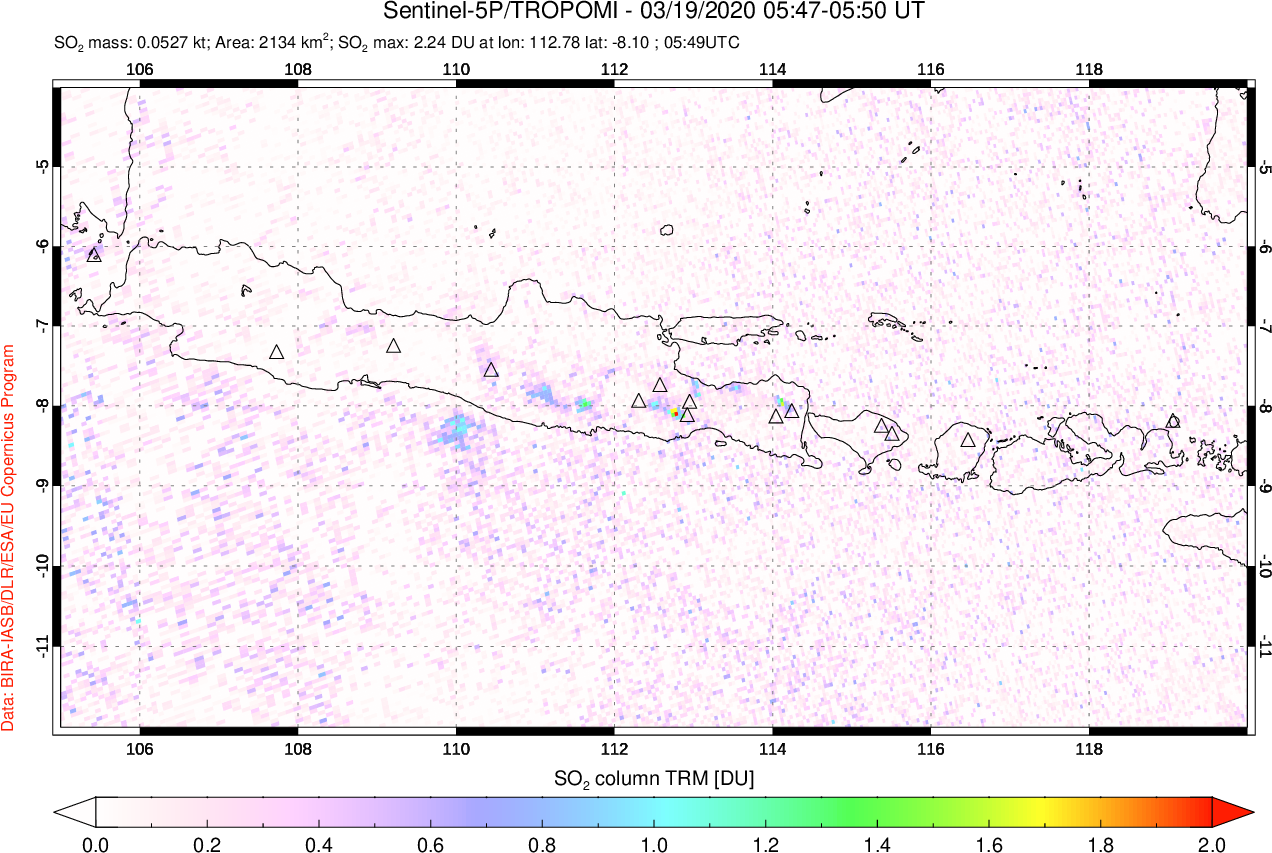A sulfur dioxide image over Java, Indonesia on Mar 19, 2020.