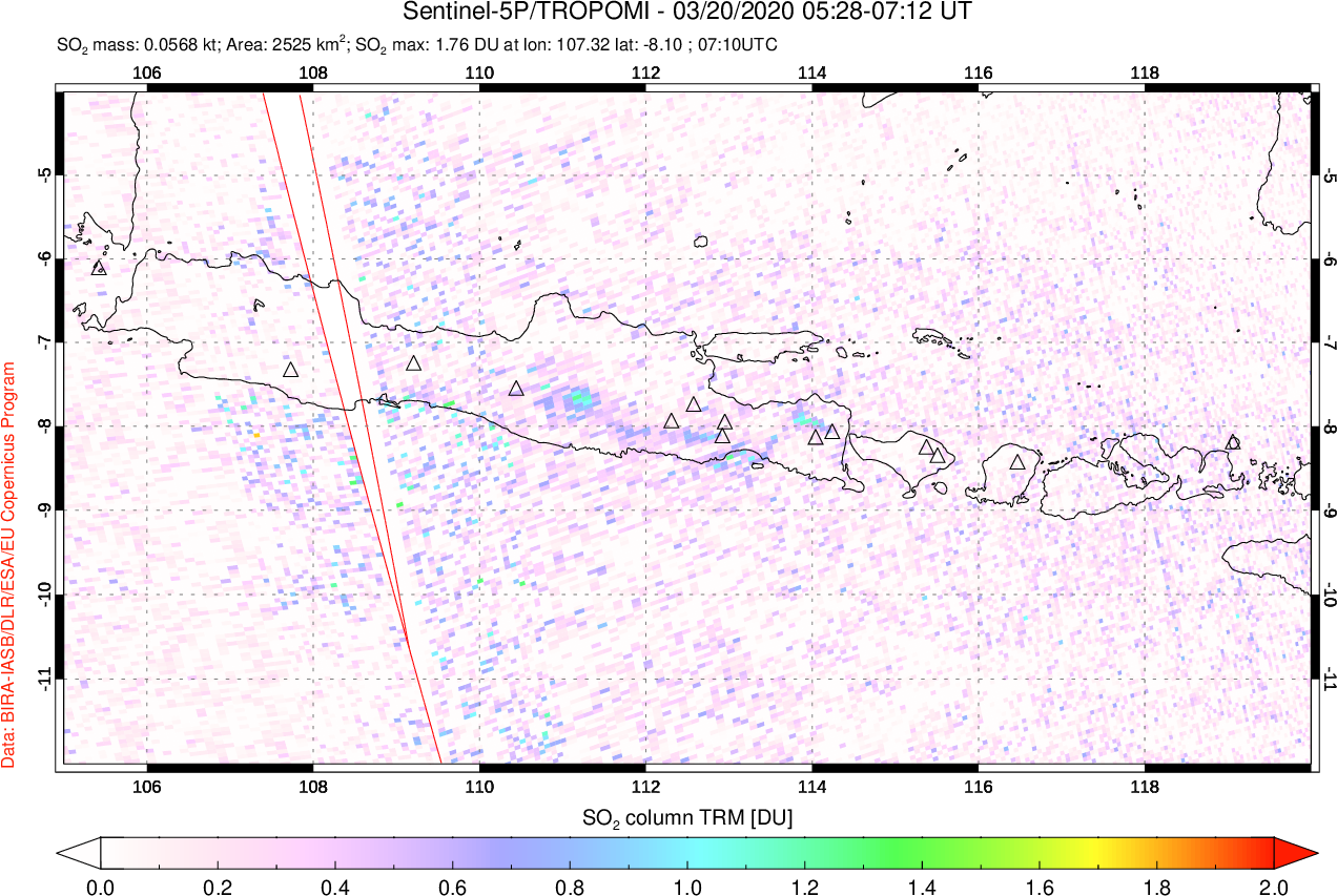 A sulfur dioxide image over Java, Indonesia on Mar 20, 2020.