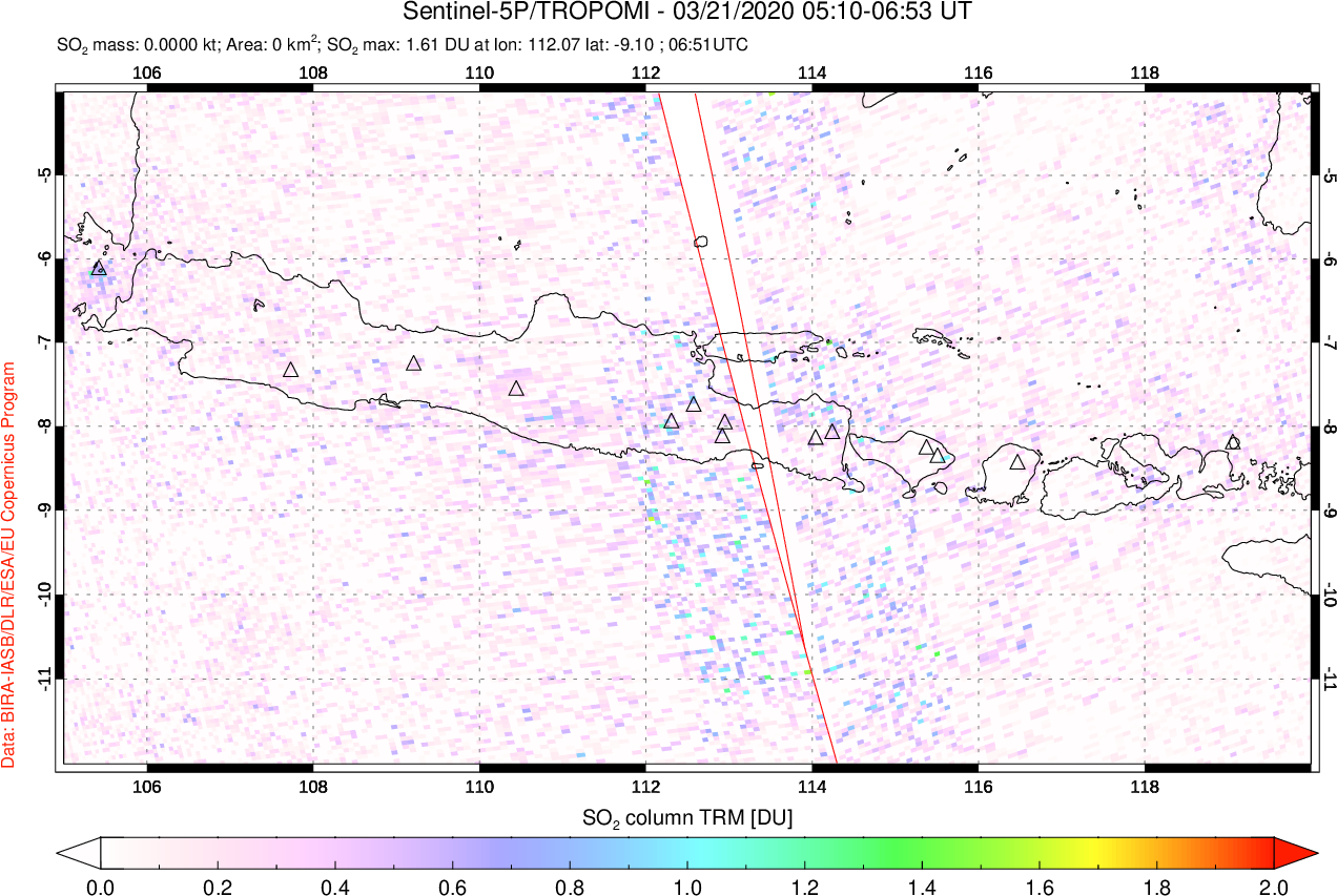 A sulfur dioxide image over Java, Indonesia on Mar 21, 2020.