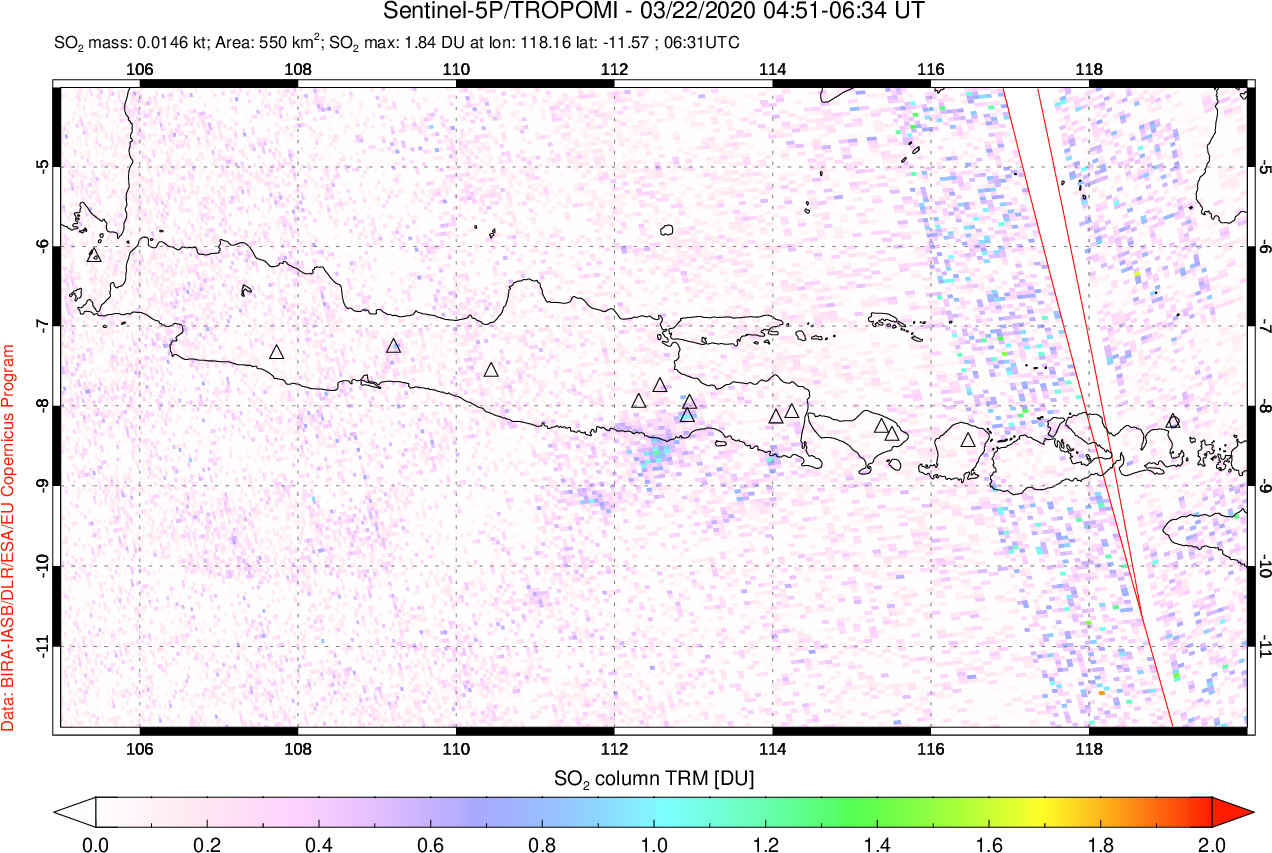 A sulfur dioxide image over Java, Indonesia on Mar 22, 2020.