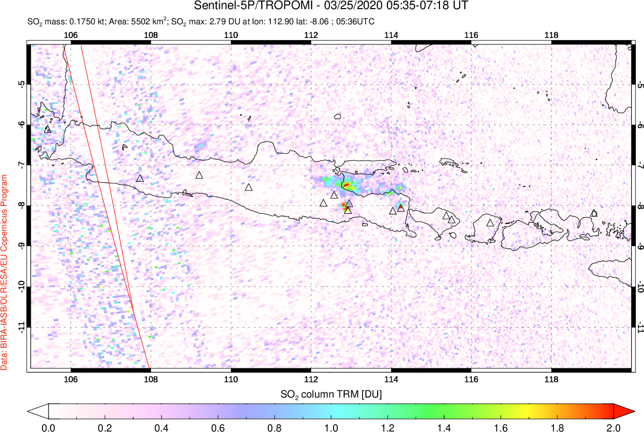 A sulfur dioxide image over Java, Indonesia on Mar 25, 2020.