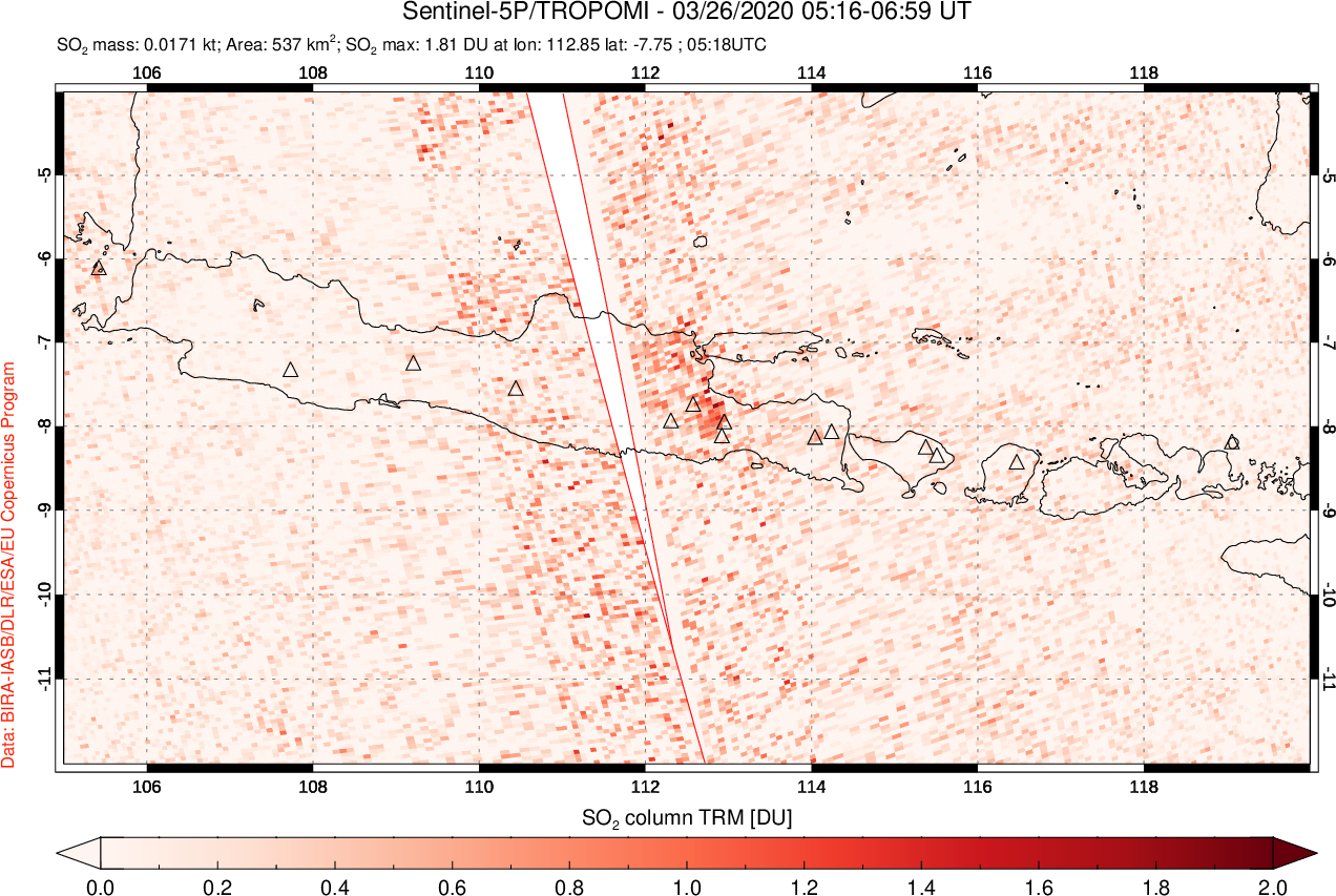 A sulfur dioxide image over Java, Indonesia on Mar 26, 2020.