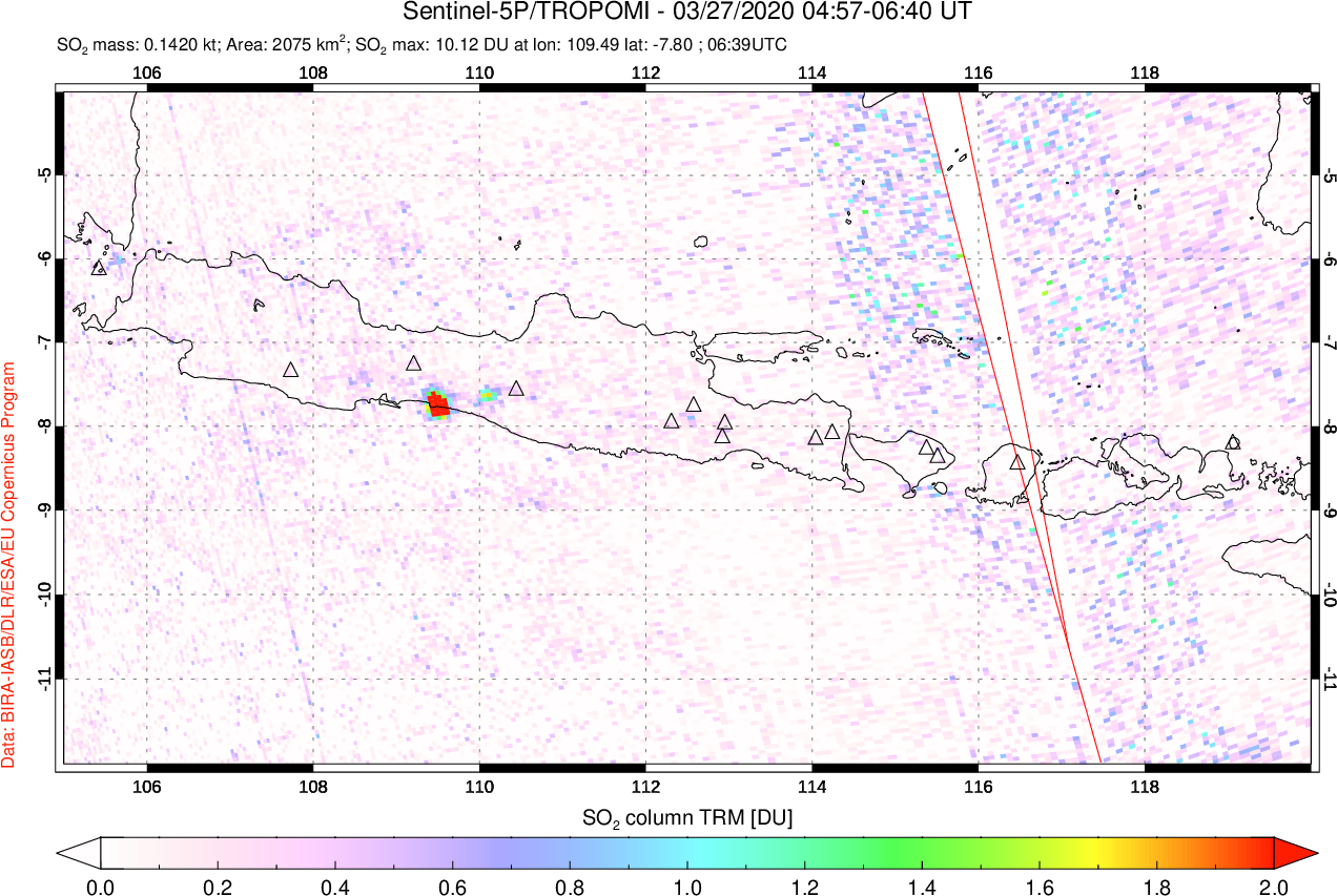 A sulfur dioxide image over Java, Indonesia on Mar 27, 2020.