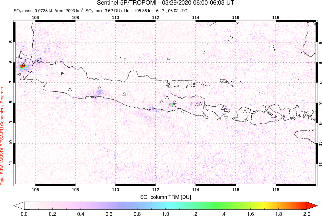 A sulfur dioxide image over Java, Indonesia on Mar 29, 2020.