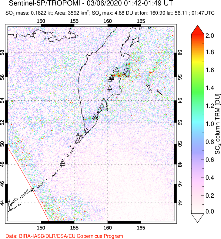 A sulfur dioxide image over Kamchatka, Russian Federation on Mar 06, 2020.