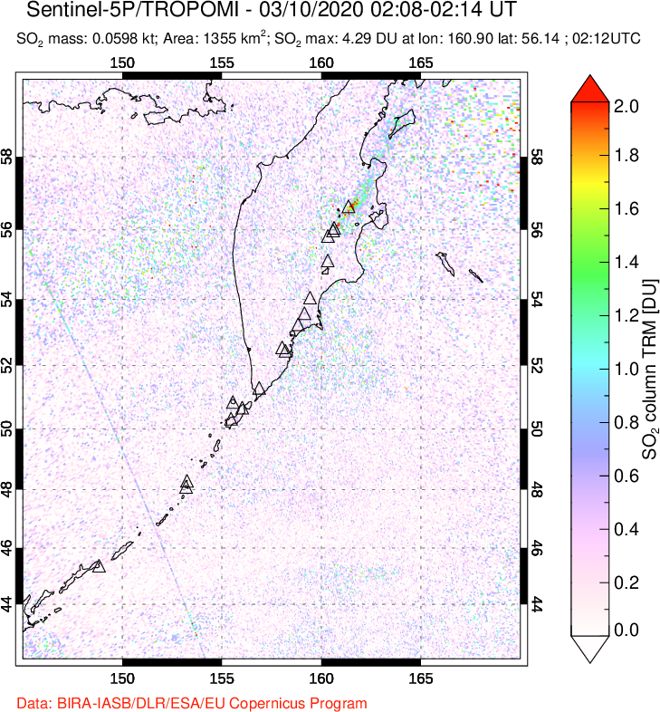 A sulfur dioxide image over Kamchatka, Russian Federation on Mar 10, 2020.
