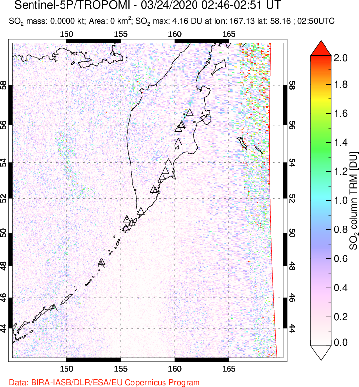 A sulfur dioxide image over Kamchatka, Russian Federation on Mar 24, 2020.