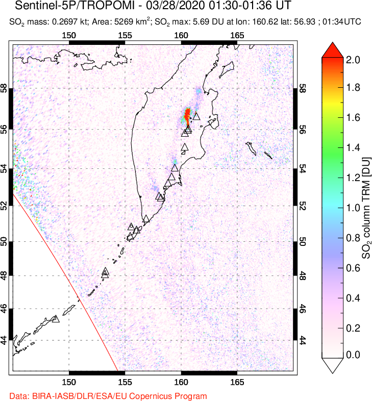 A sulfur dioxide image over Kamchatka, Russian Federation on Mar 28, 2020.