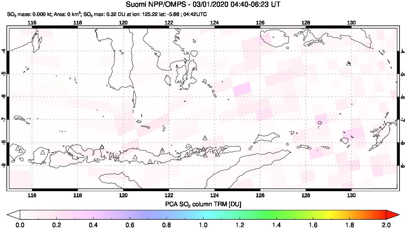 A sulfur dioxide image over Lesser Sunda Islands, Indonesia on Mar 01, 2020.