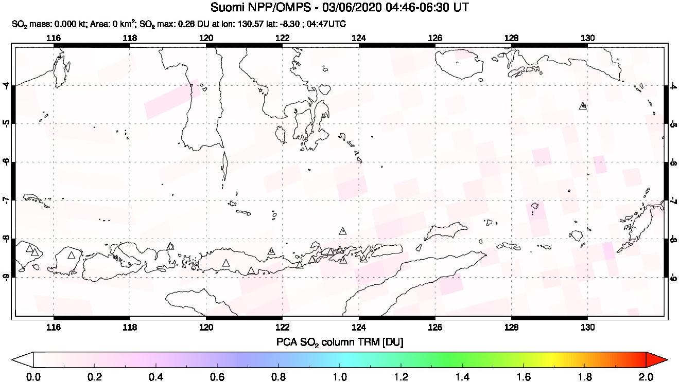A sulfur dioxide image over Lesser Sunda Islands, Indonesia on Mar 06, 2020.