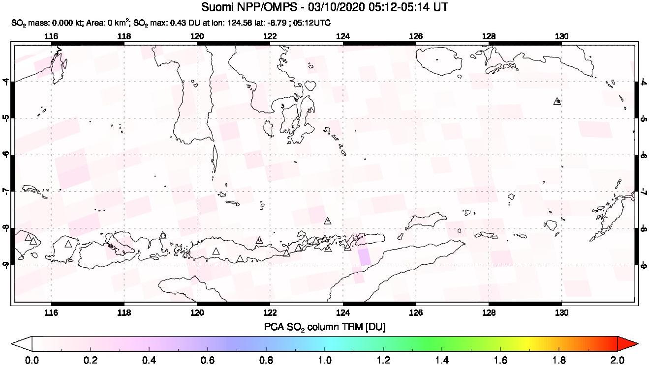 A sulfur dioxide image over Lesser Sunda Islands, Indonesia on Mar 10, 2020.