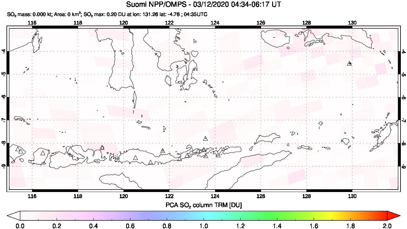 A sulfur dioxide image over Lesser Sunda Islands, Indonesia on Mar 12, 2020.