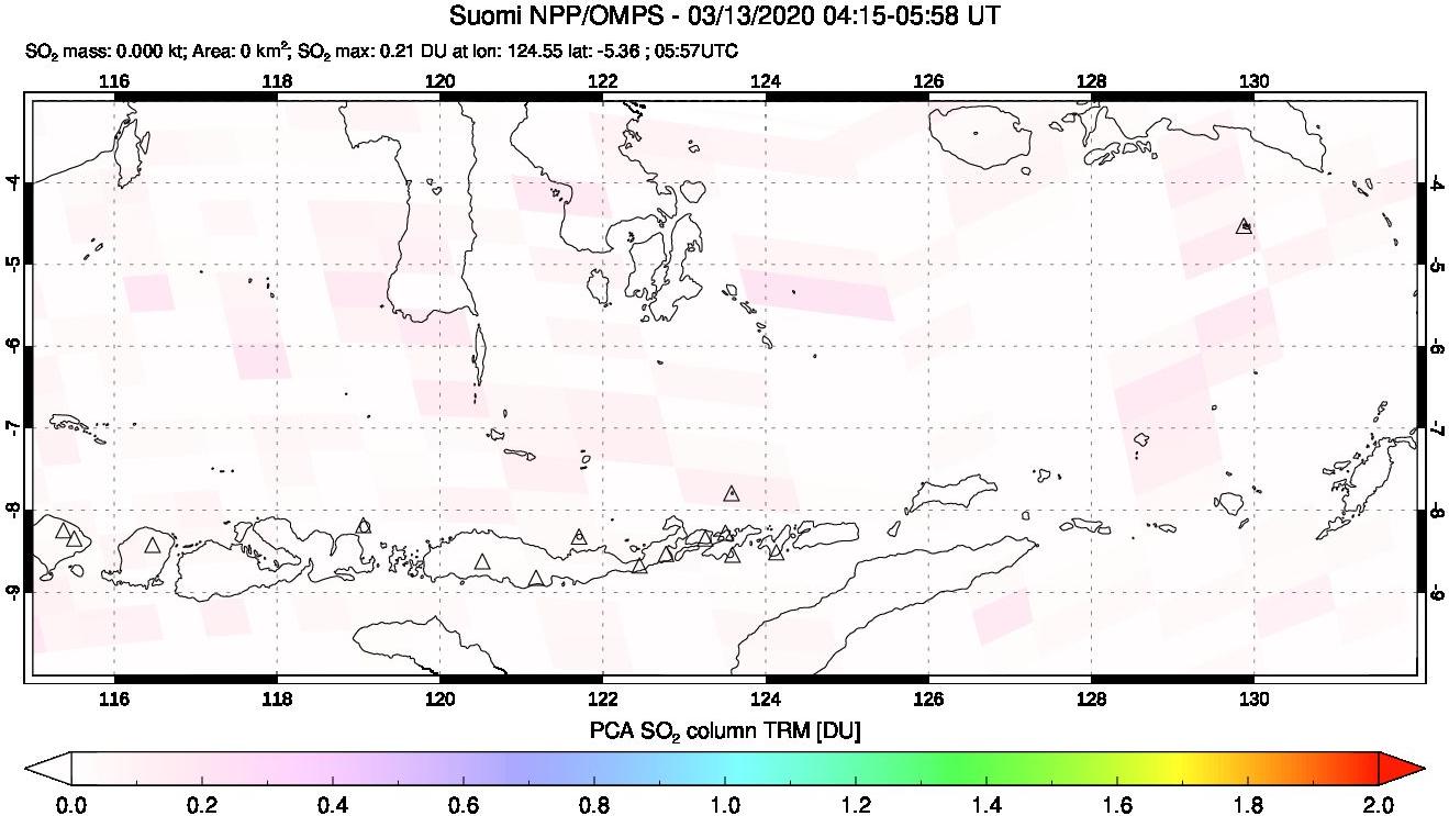 A sulfur dioxide image over Lesser Sunda Islands, Indonesia on Mar 13, 2020.