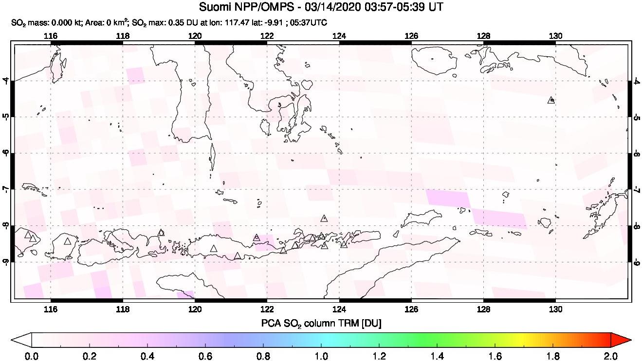 A sulfur dioxide image over Lesser Sunda Islands, Indonesia on Mar 14, 2020.