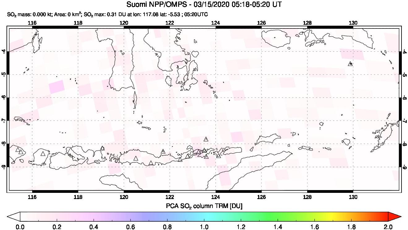 A sulfur dioxide image over Lesser Sunda Islands, Indonesia on Mar 15, 2020.
