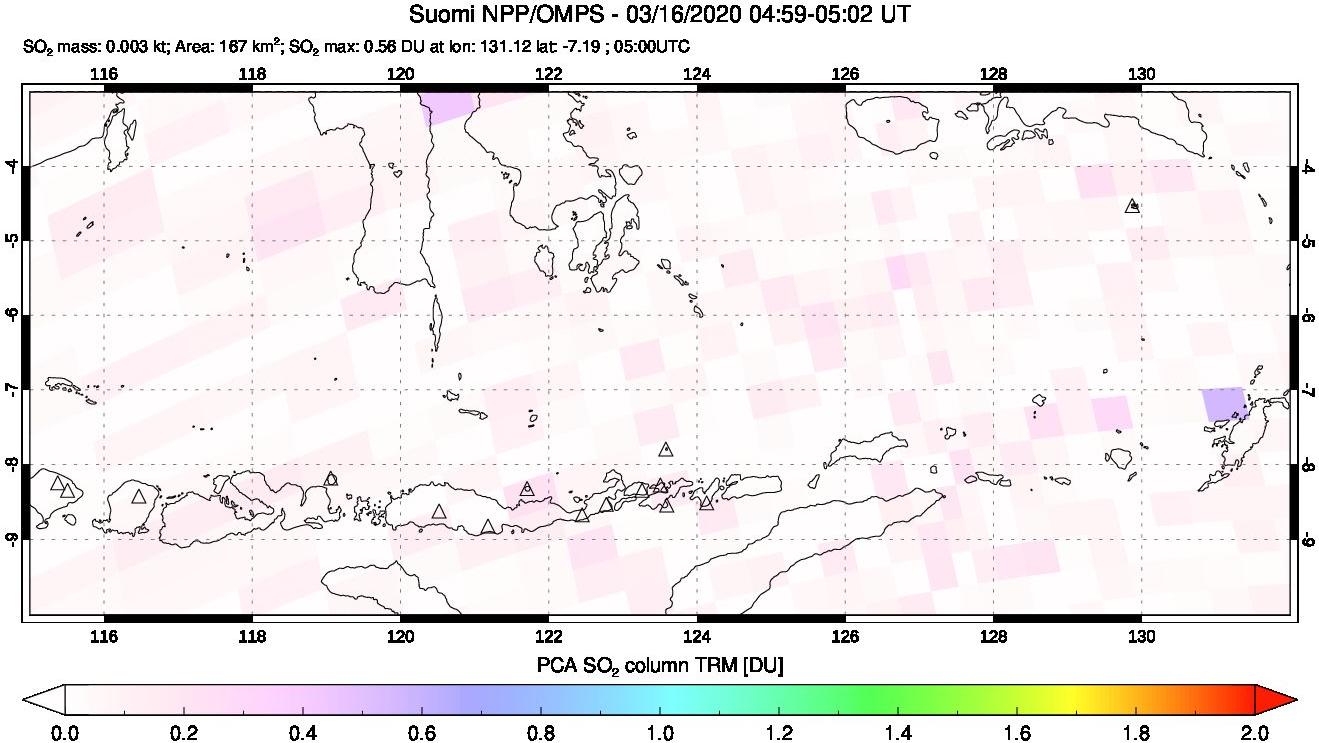 A sulfur dioxide image over Lesser Sunda Islands, Indonesia on Mar 16, 2020.