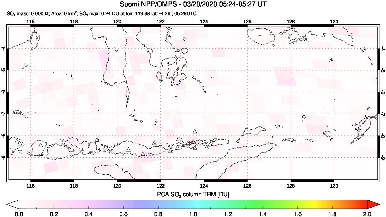 A sulfur dioxide image over Lesser Sunda Islands, Indonesia on Mar 20, 2020.