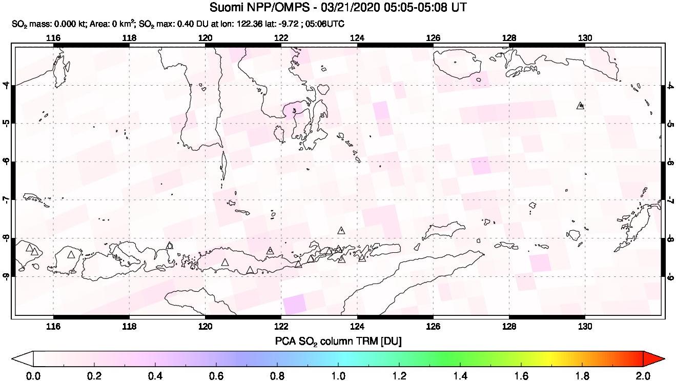 A sulfur dioxide image over Lesser Sunda Islands, Indonesia on Mar 21, 2020.