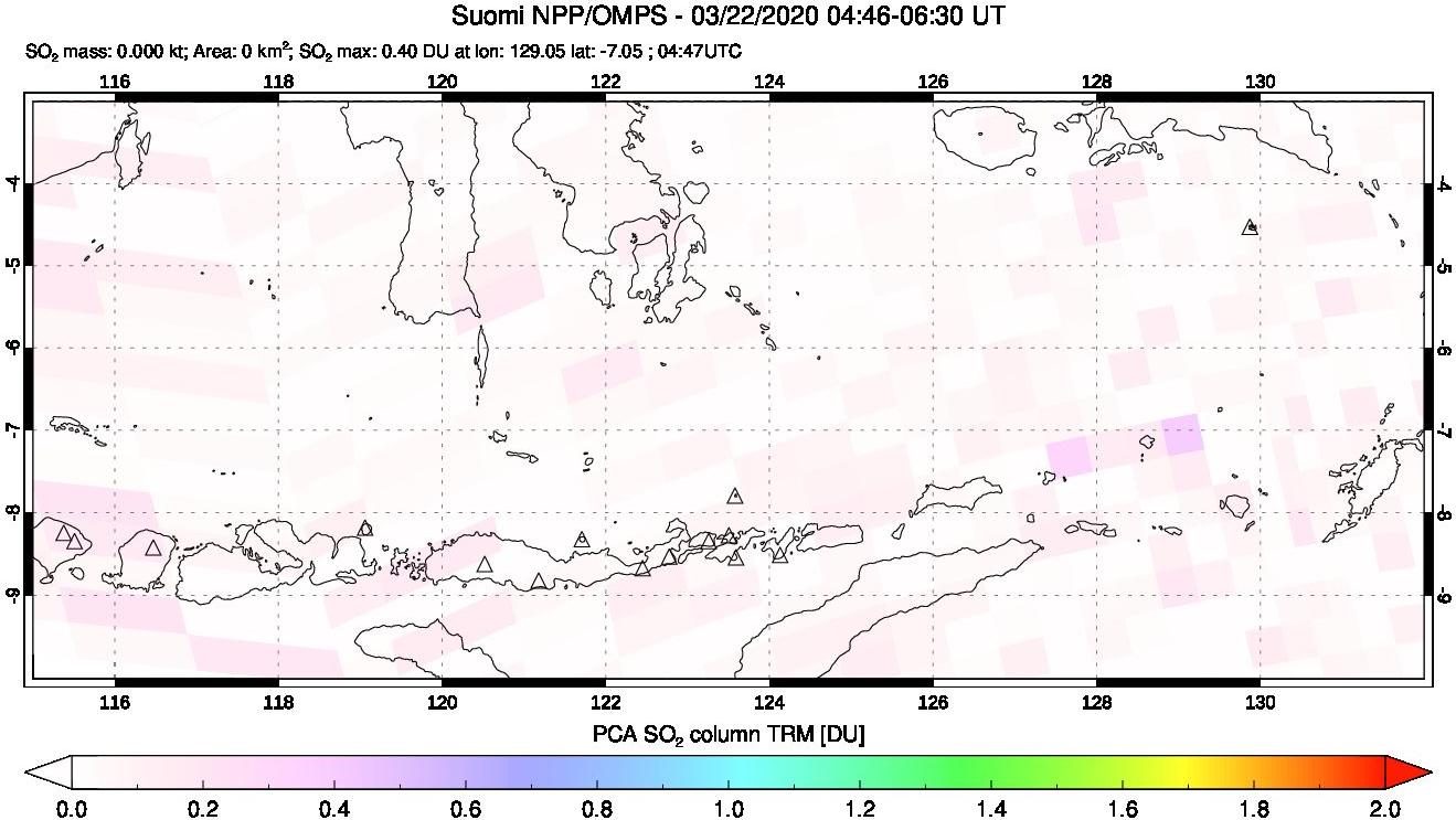 A sulfur dioxide image over Lesser Sunda Islands, Indonesia on Mar 22, 2020.
