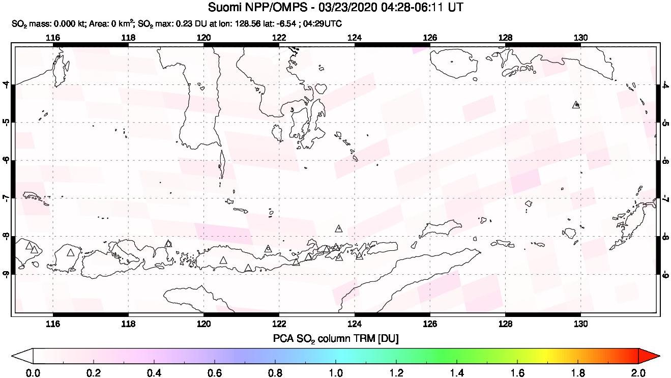 A sulfur dioxide image over Lesser Sunda Islands, Indonesia on Mar 23, 2020.