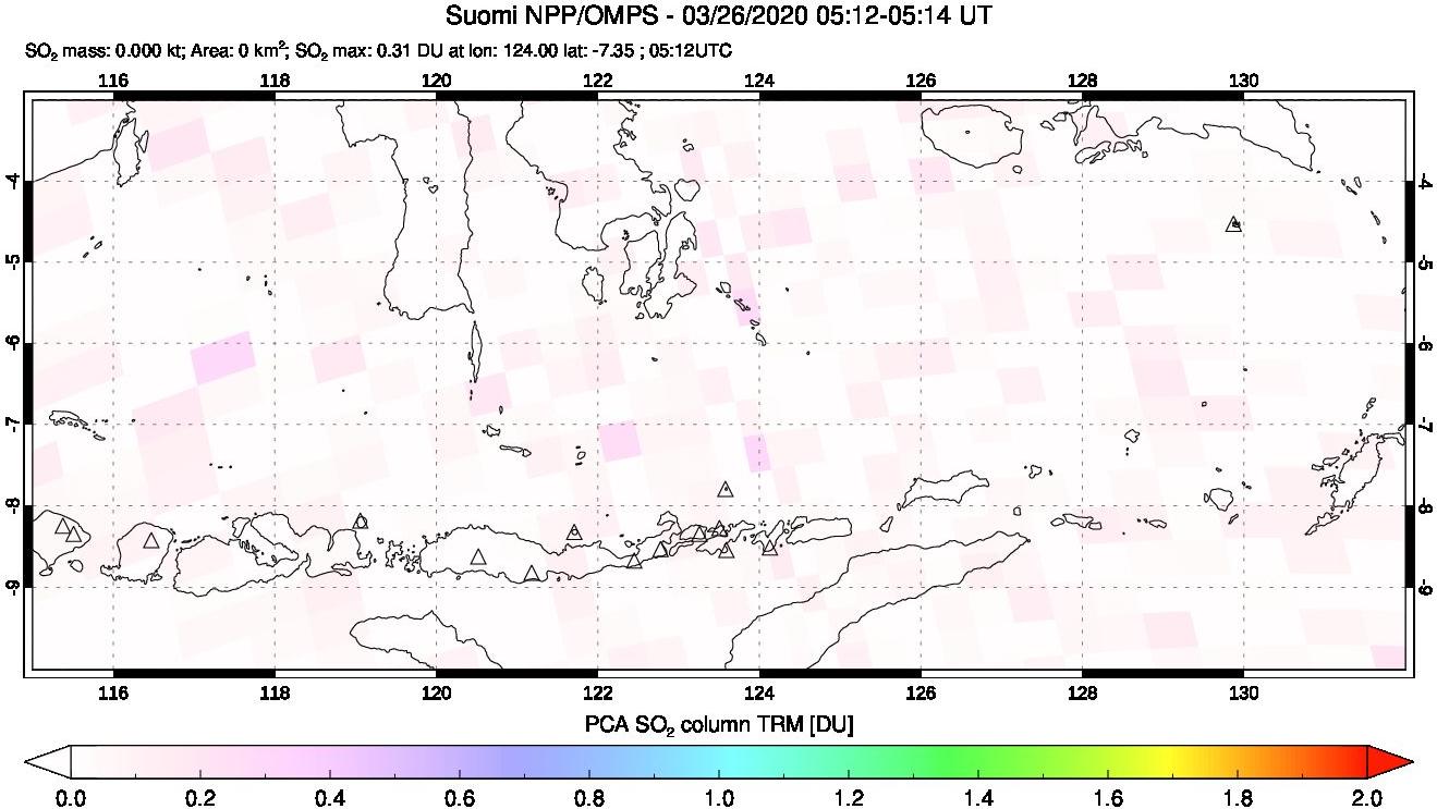 A sulfur dioxide image over Lesser Sunda Islands, Indonesia on Mar 26, 2020.